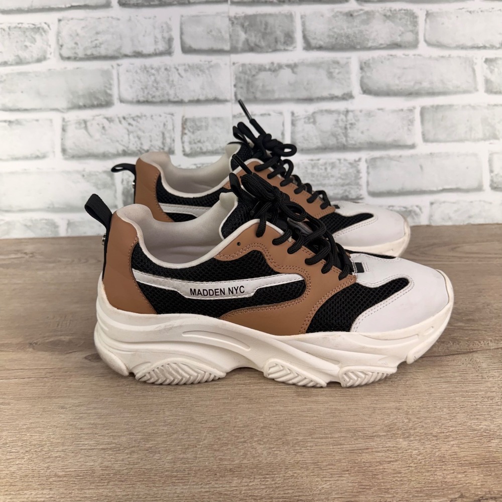 Madden NYC Platform Fashion Sneaker Colorblock Tan White Black Womens 10